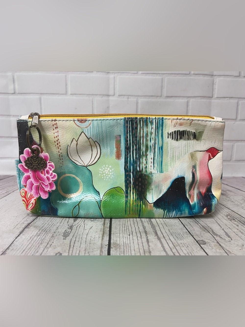 Papaya Art Bag Zippered Toiletry Cosmetic Pouch Pink Green Floral Bird